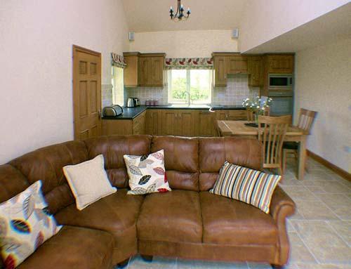 The living room, with kitchen and dining area beyond