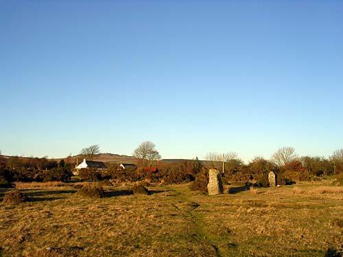 Standing Stones at Gors Fawr with Trallwyn Cottages behind.