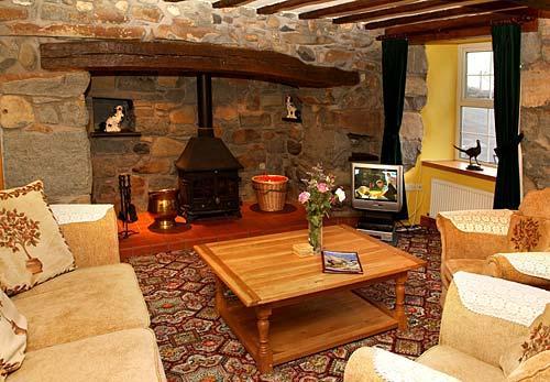 Large and bright lounge with log burner at the Hendre Farmhouse