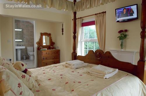 Master bedroom at Rhos Ddu Cottage with en-suite with luxurious twin seater shower cabin/steam showe