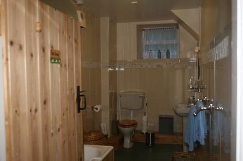 Upstairs bathroom with shower over bath.